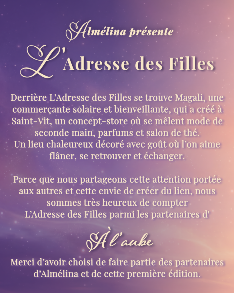 Présentation de L'Adresse des Filles par Magali, qui offre un lot pour la tombola organisée par Almélina le 20 septembre 2026 à Saint-Vit