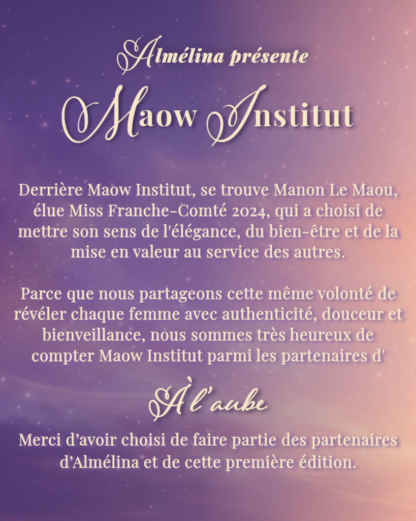 Présentation de Maow Institut, dirigé par Manon Le Maou, Miss Franche-Comté, qui offre un lot pour la tombola organisée par Almélina le 20 septembre 2026 à Saint-Vit