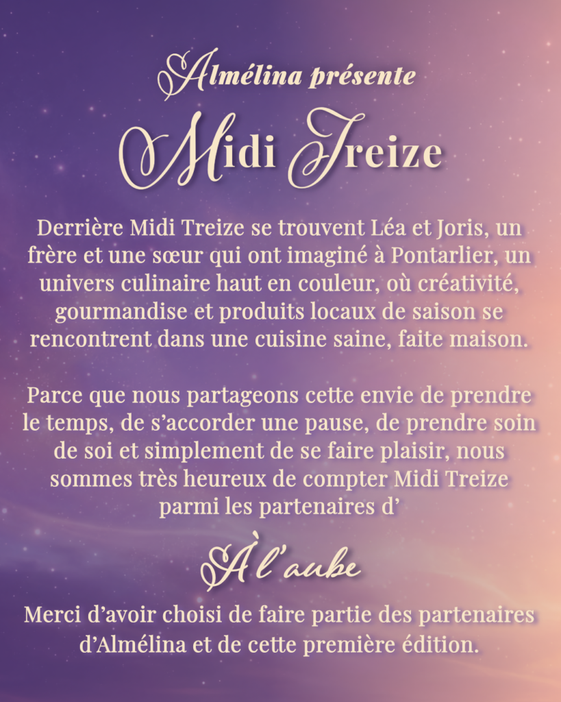 Présentation de Midi Treize par Léa et Joris, qui offre un lot pour la tombola organisée par Almélina le 20 septembre 2026 à Saint-Vit