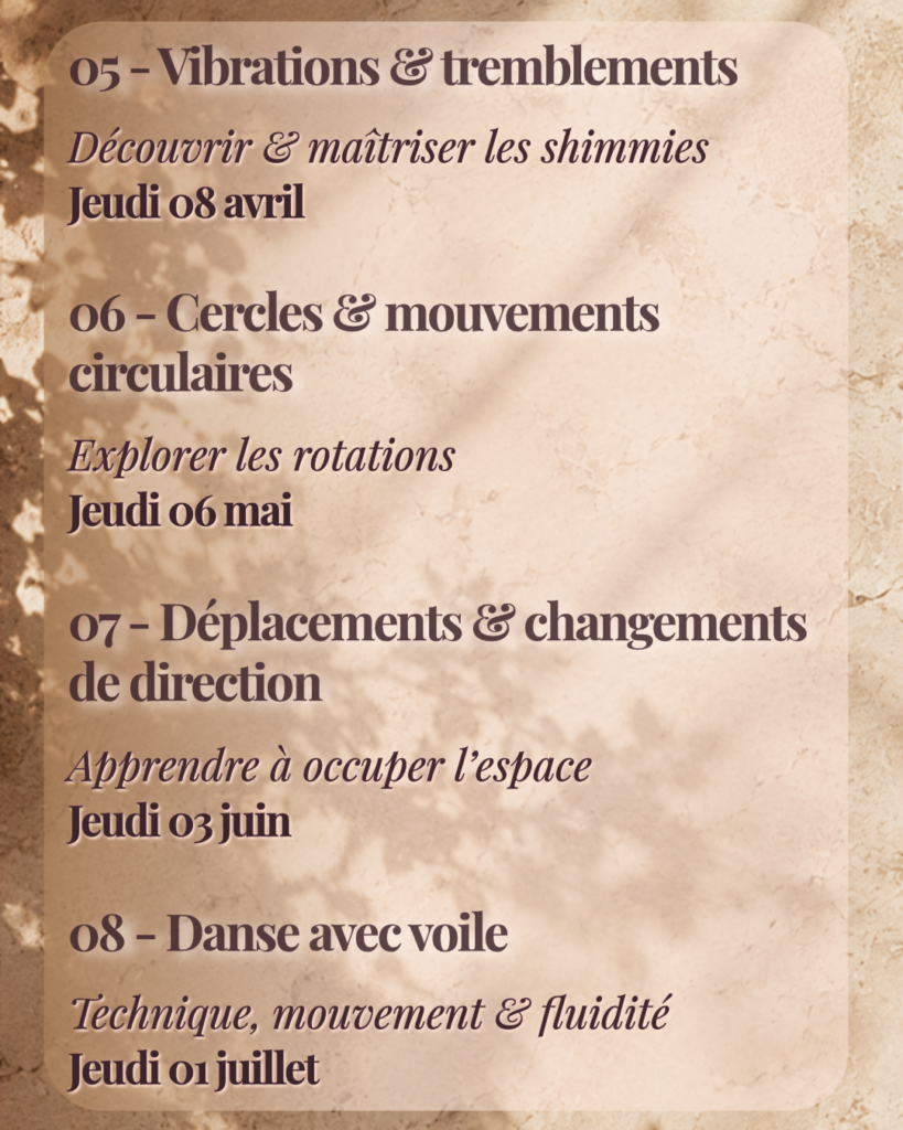 Planning des Jeudis d'Almélina, ateliers de danse orientale proche de Besançon avec Alina